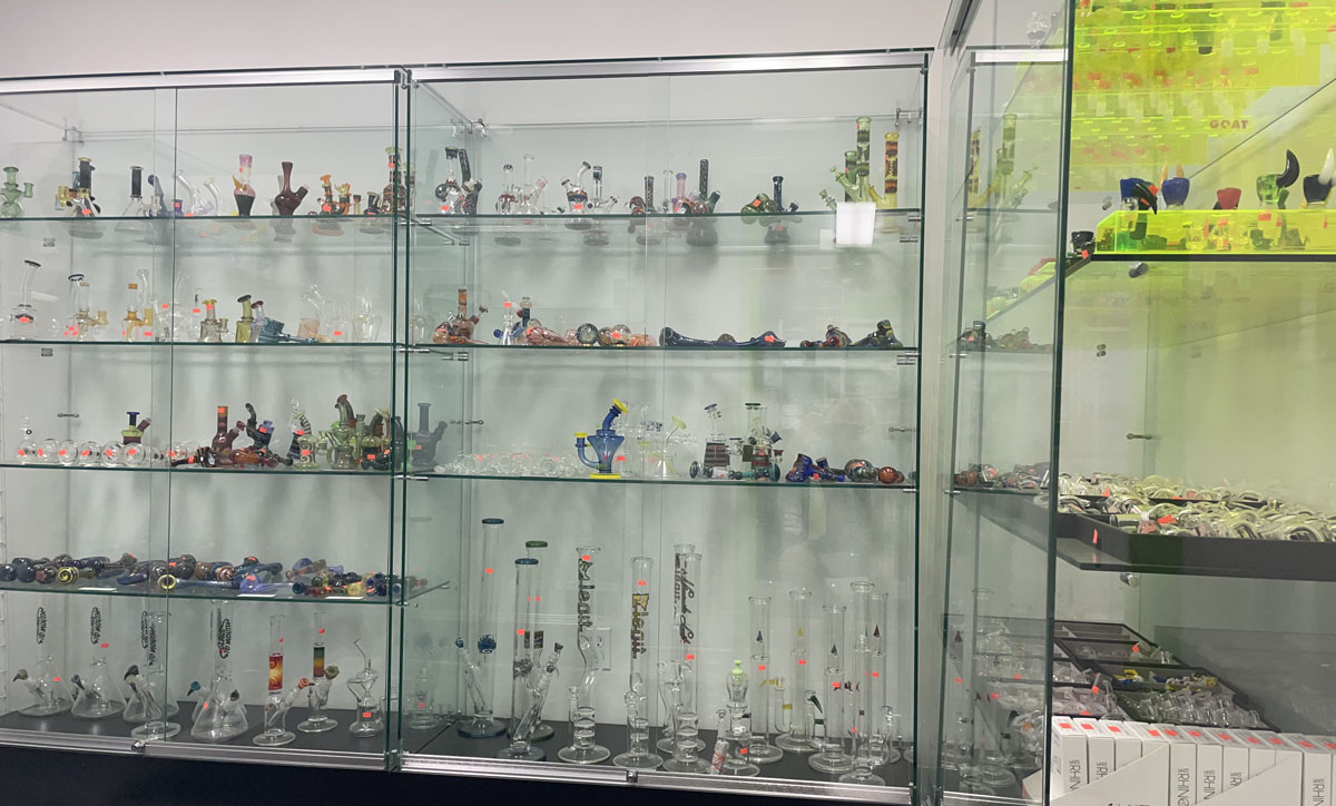 Hand-blown glass art on display in The Melting Clock glass art gallery